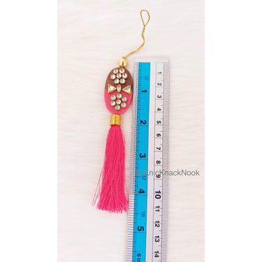 Pink / Blue Tassels With Red And Brown Wood Buttons With Kundan Stones, Indian Tassels, Wedding Supplies